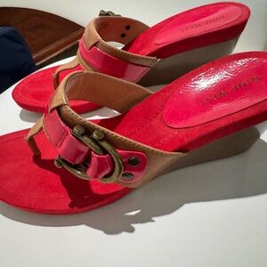 Nine West Vibrant Red and Tan Wedge Sandals